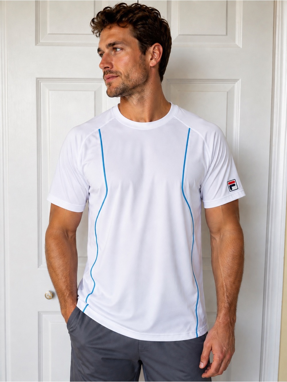 FILA Men’s Size S 50 Tennis Performance Shirt White Gray Blue Athletic Sport
